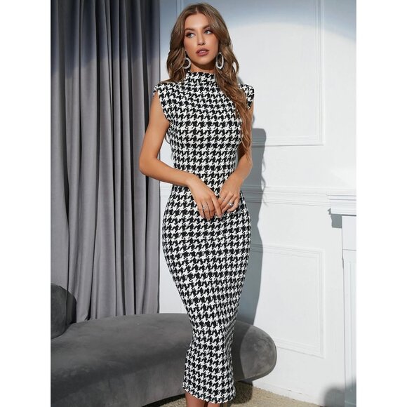 Black White Houndstooth Dress Bodycon Fit Minimalist Business Chic - Picture 1 of 1